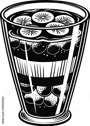 Black and white vector glass of soda, fizzy drink illustration, cold beverage, monochrome icon