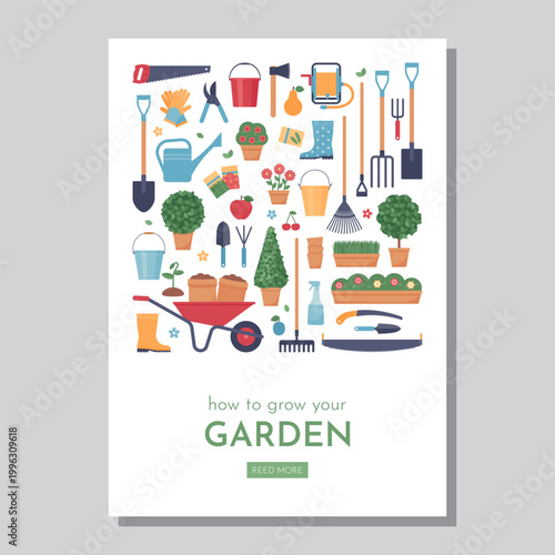 Garden poster template. Flyer with garden tools and copy space. Banner with gardening instruments. Vertical card layout. Horticulture background. Vector illustration. Colorful flat design
