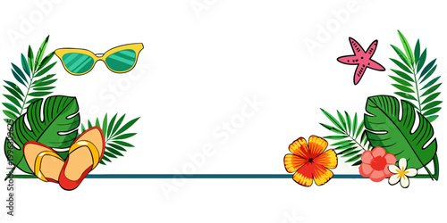 Summer vacation frame with tropical leaves and beach icons, vector
