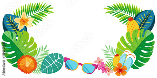 Tropical summer vacation leaves and flowers frame, vector