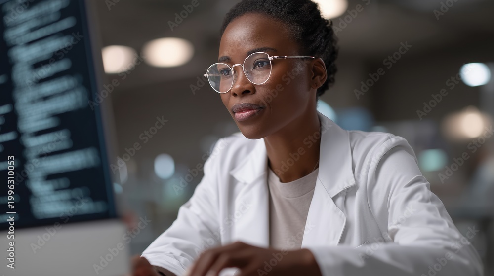 Obraz premium Focused Professional: A dedicated professional, adorned in spectacles and a lab coat, meticulously focuses on a computer screen, embodying precision and diligence.