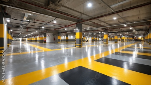Empty parking garage with yellow stripes. Artificial intelligence image