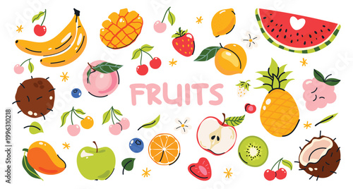 Colorful tropical fruit vector set with banana, pineapple, watermelon, mango, coconut, berries and citrus in playful flat style. Perfect for summer designs, stickers, packaging, prints, posters