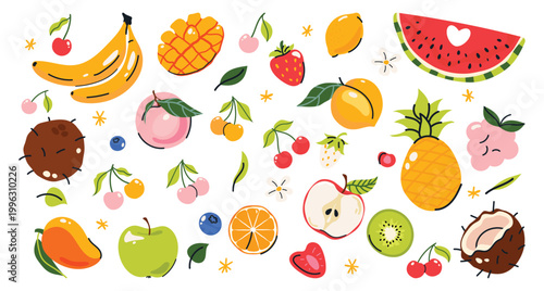 Colorful tropical fruit vector set with banana, pineapple, watermelon, mango, coconut, berries and citrus in playful flat style. Perfect for summer designs, stickers, packaging, prints, posters