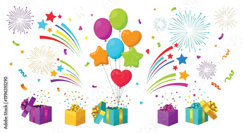 Vibrant celebration scene with colorful balloons, fireworks, gift boxes, and confetti for festive events.