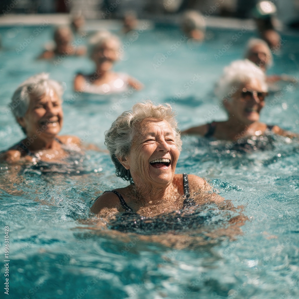 Fototapeta premium Joyful group of senior women enjoying water aerobics in outdoor pool under bright noon sun