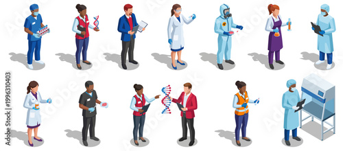 Set of isometric science and laboratory professionals | Collection of research scientists and medical technicians | Vector characters in lab environment