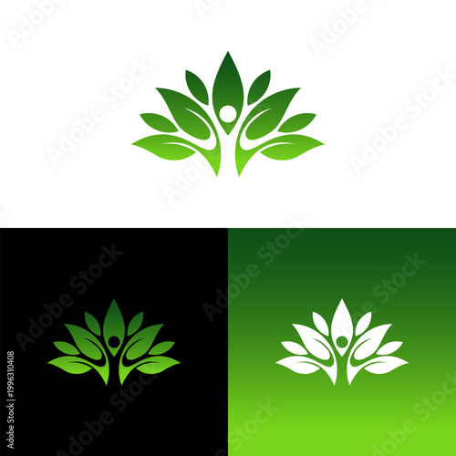 Abstract Lotus Human Figure and Green Leaf Logo