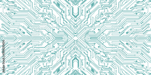 Circuit board pattern with symmetrical teal lines on white background resembling technology and electronics design