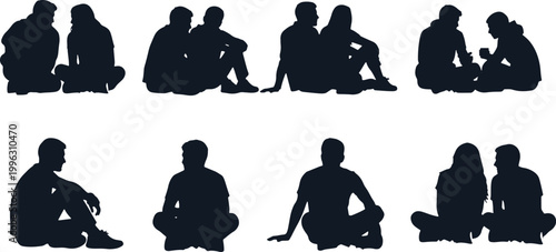 Silhouettes of couples sitting together and talking casually outdoors.