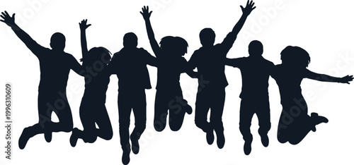 Silhouettes of happy people jumping together in the air.