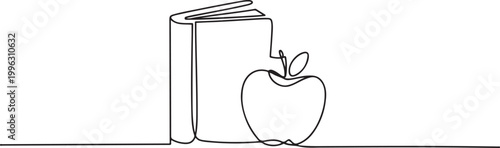 continuous line drawing book and apple. one line art icon drawing vector