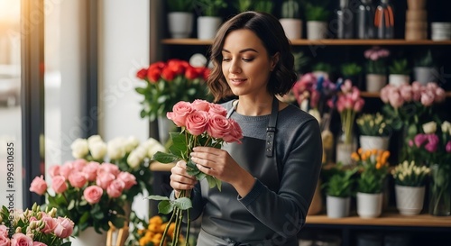 Woman florist holding bouquet of rose in flower shop. Small business owner creating floral arrangement. Professional florist work, botanical retail and plant care for spring holiday.