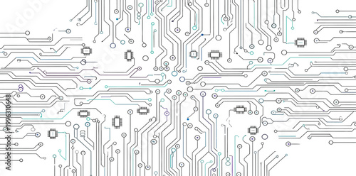 A complex circuit board design with various electronic components and wiring patterns on a white background