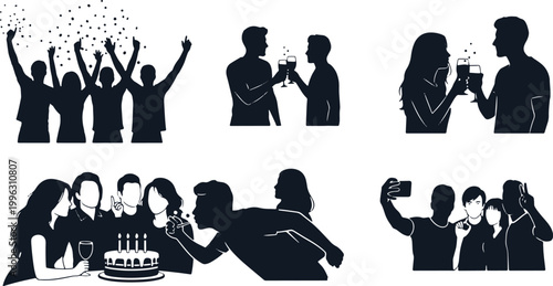 Party celebration silhouettes drinking and taking selfie vector graphics.