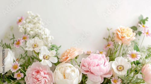 Greeting card and wedding invitation with bed-sized peonies and roses on a light background