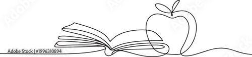 continuous line drawing book and apple. one line art icon drawing vector
