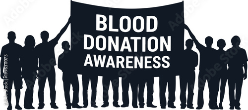 Silhouetted crowd holding banner for blood donation awareness campaign.