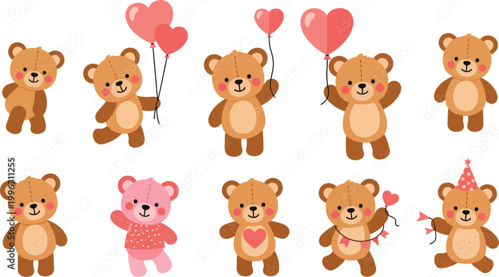 Obraz premium Set of cute cartoon teddy bears with hearts and balloons in various poses and colors on white background