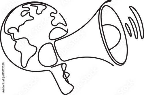 continuous line drawing globe and megaphone. one line art icon drawing vector