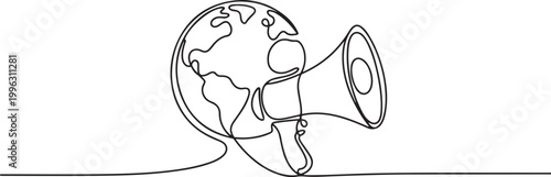continuous line drawing globe and megaphone. one line art icon drawing vector