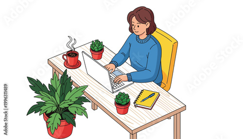 Young woman focused on her work while sitting at a desk using a laptop computer today