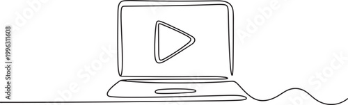 continuous line drawing laptop with play video button icon. one line art icon drawing vector