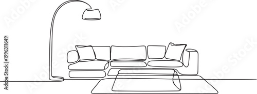 Continuous Line Drawing Living Room Furniture. Interior With Sofa, Floor Lamp, Carpet. one line art icon drawing vector