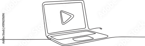 continuous line drawing laptop with play video button icon. one line art icon drawing vector