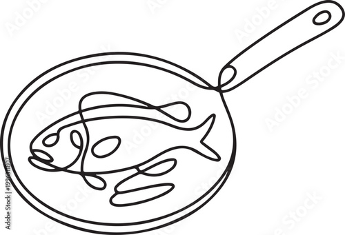 continuous line drawing fried fish on frying pan. one line art icon drawing vector