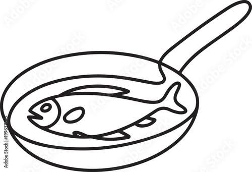 continuous line drawing fried fish on frying pan. one line art icon drawing vector