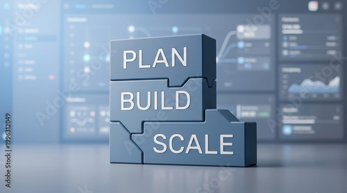 Plan, build, scale puzzle blocks symbolize business growth strategy with blue interlocking pieces, representing teamwork, development, and success in modern office setting