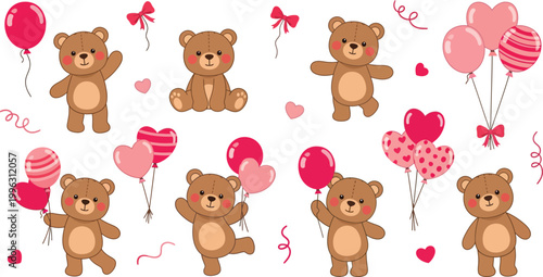 Cute brown teddy bears holding balloons and surrounded by hearts on white background for valentine s day or love themed designs