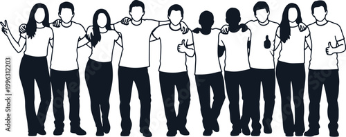 Diverse group of friends and couples embracing each other on transparent background.