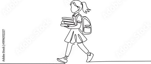 Drawing of student schoolgirl holding books and copybooks going to school wearing bag. one line art icon drawing vector