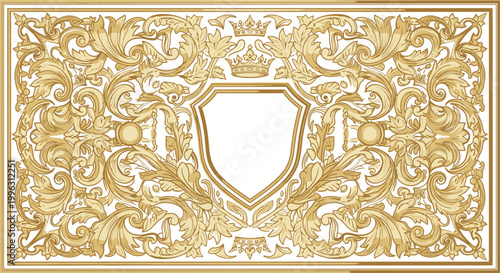 Elegant gold baroque design with shield and crown element for decoration