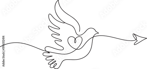 dove, heart, arrow one line vector illustration art hand draw. one line art icon drawing vector