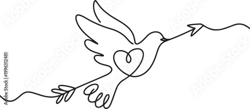 dove, heart, arrow one line vector illustration art hand draw. one line art icon drawing vector