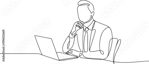 Continuous line drawing of business man sits in the office and thinks while working with his laptop on a white background. one line art icon drawing vector