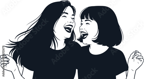 Two joyful women laughing and celebrating together on transparent background.
