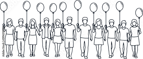 Group of twelve people holding balloons, walking, outline style illustration.