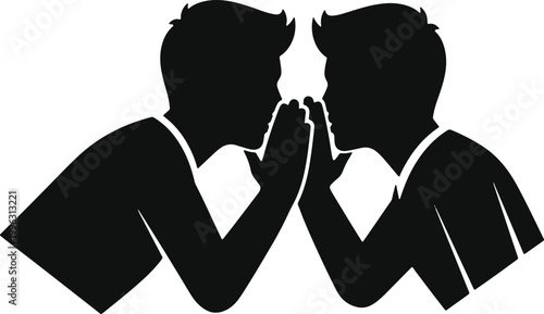 Two men whispering secrets in silhouette on transparent background.