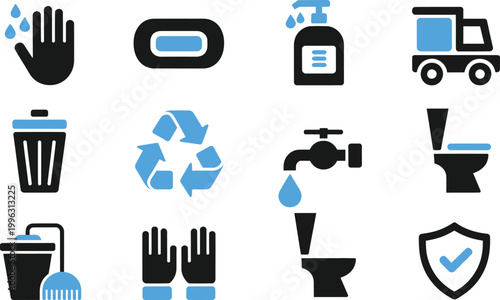 Waste Management and Sanitation Icons Set. Recycling, Trash Bin, Water Tap, Protection Vector Illustration