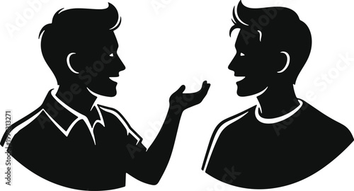 Two men talking and gesturing on transparent background silhouette.