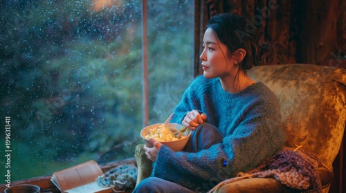 Woman eating popcorn by window on rainy day