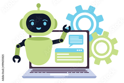 AI assistant for remote work and online meetings, smart chatbot support for business communication, automated summaries and documentation, digital collaboration from home and office, flat vector illus