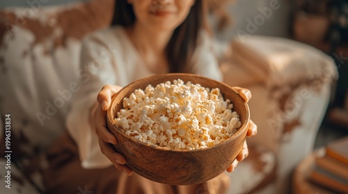 Woman holding a bowl of popcorn