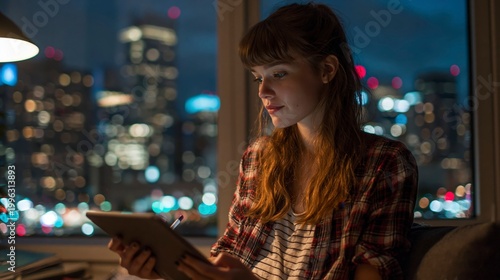 Woman working on tablet at night with city view