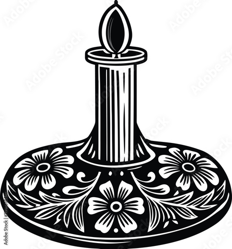 Black and white, vintage candle holder, ornate floral design, decorative lighting fixture, vector illustration