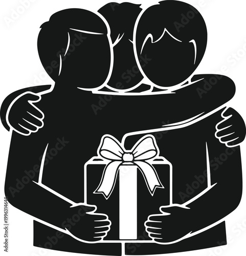 Three people hugging and holding gift box together expressing joy and togetherness on transparent background.